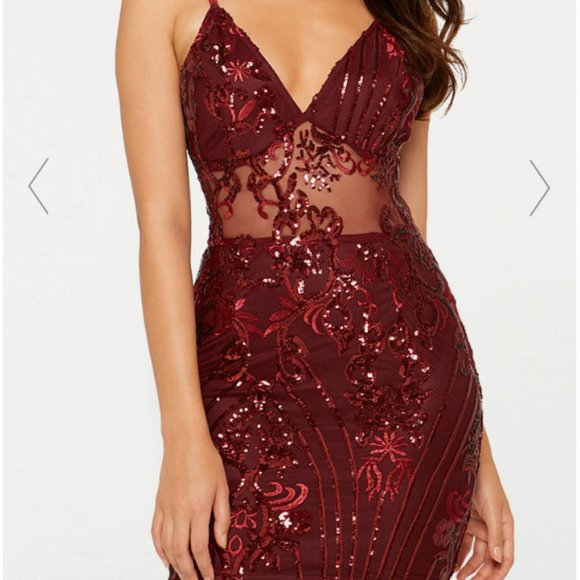 PrettyLittleThing Dresses & Skirts - PrettyLittleThing Burgundy Strappy Sheer Panel Sequin Bodycon Dress